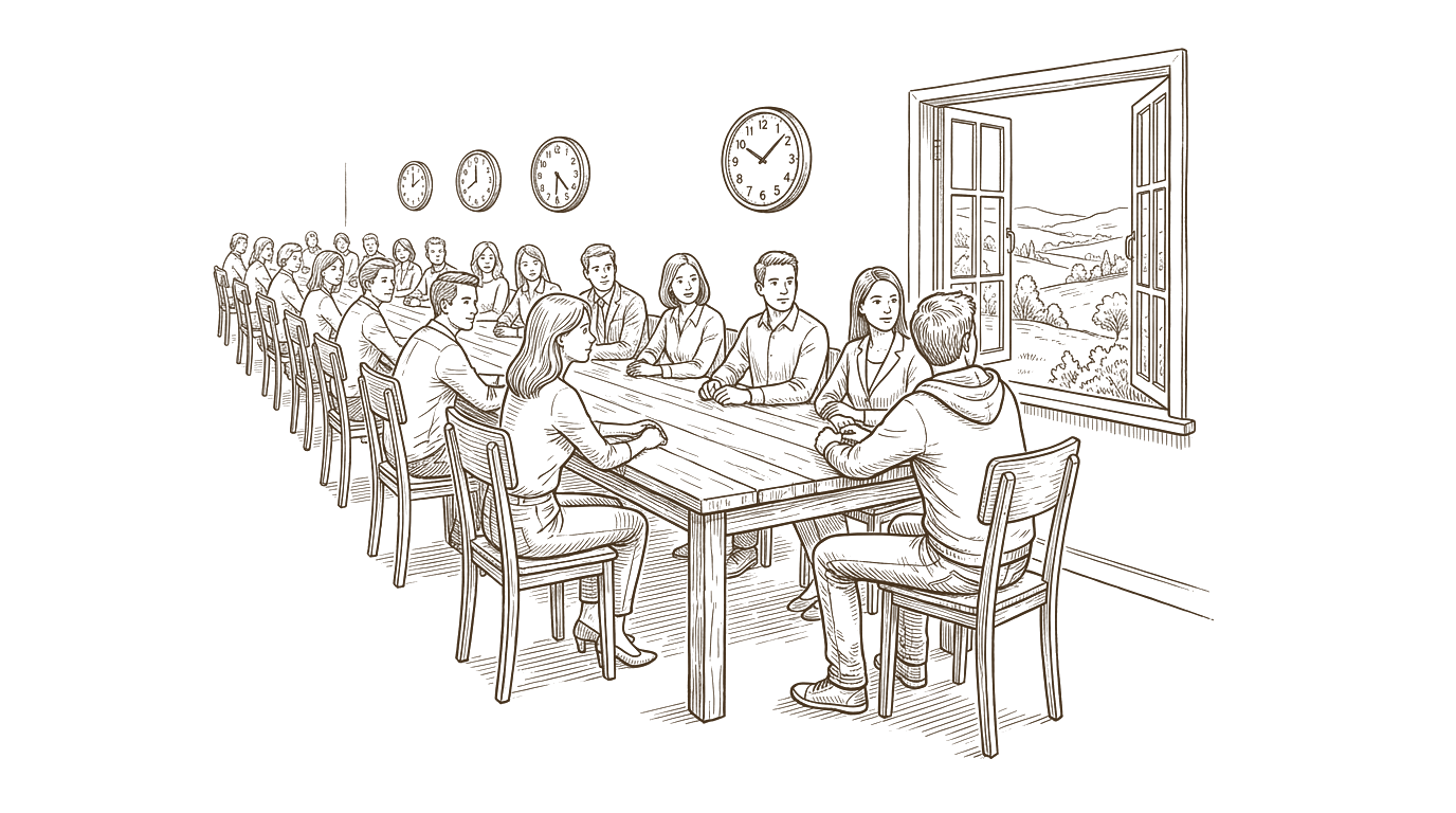 A long meeting table stretching into the distance; one person has turned to look out of the window