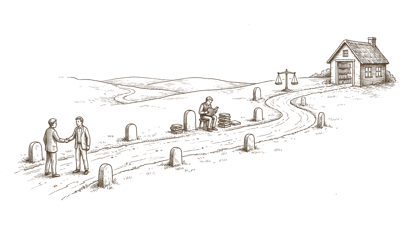 Two people shaking hands at the start of a winding road that leads to a house