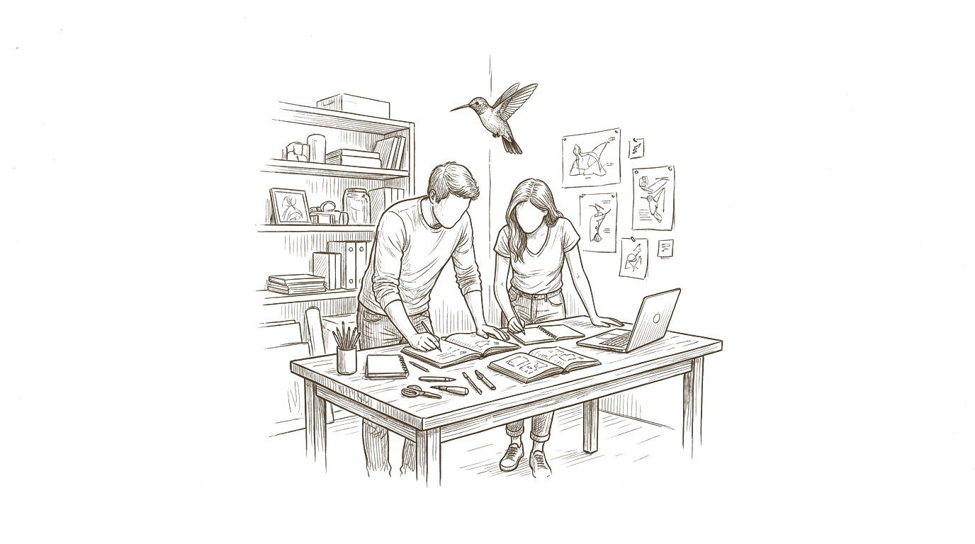 Two founders at a workbench, a hummingbird above them