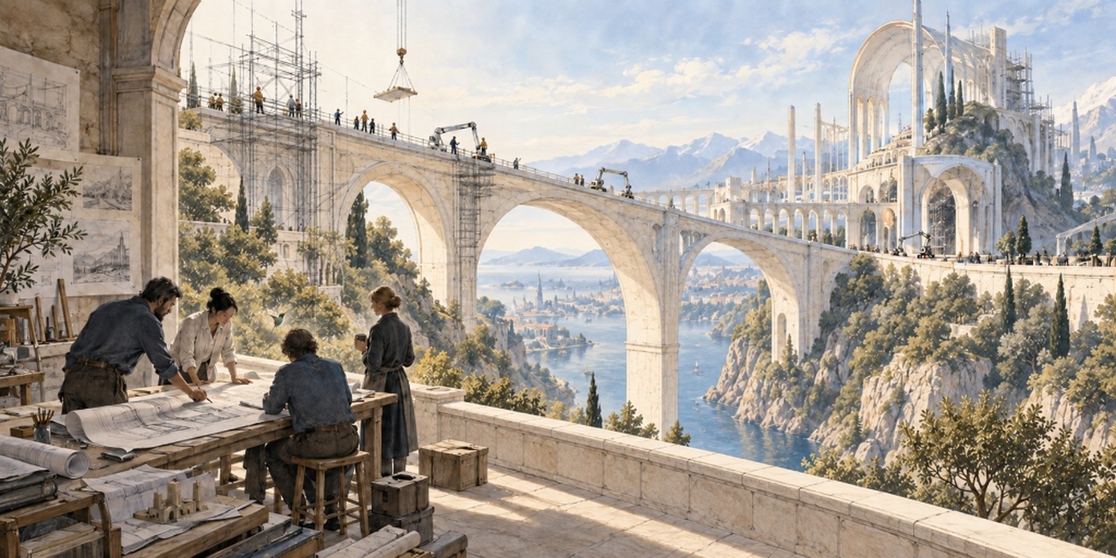 People studying plans beside a bridge, with a hummingbird hovering nearby.